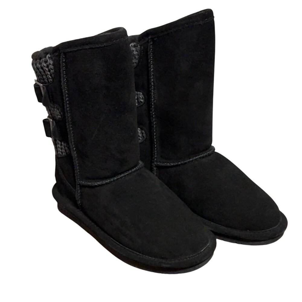 Bearpaw Boshie Youth Black Suede Knit Sheepskin Wool Buckle Winter Boots Size 2